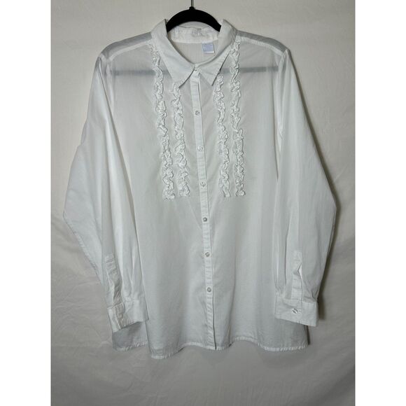 Women's Lightweight White Cotton Pinstripe Tuxedo Blouse Front Ruffles Size 18 - Picture 1 of 3